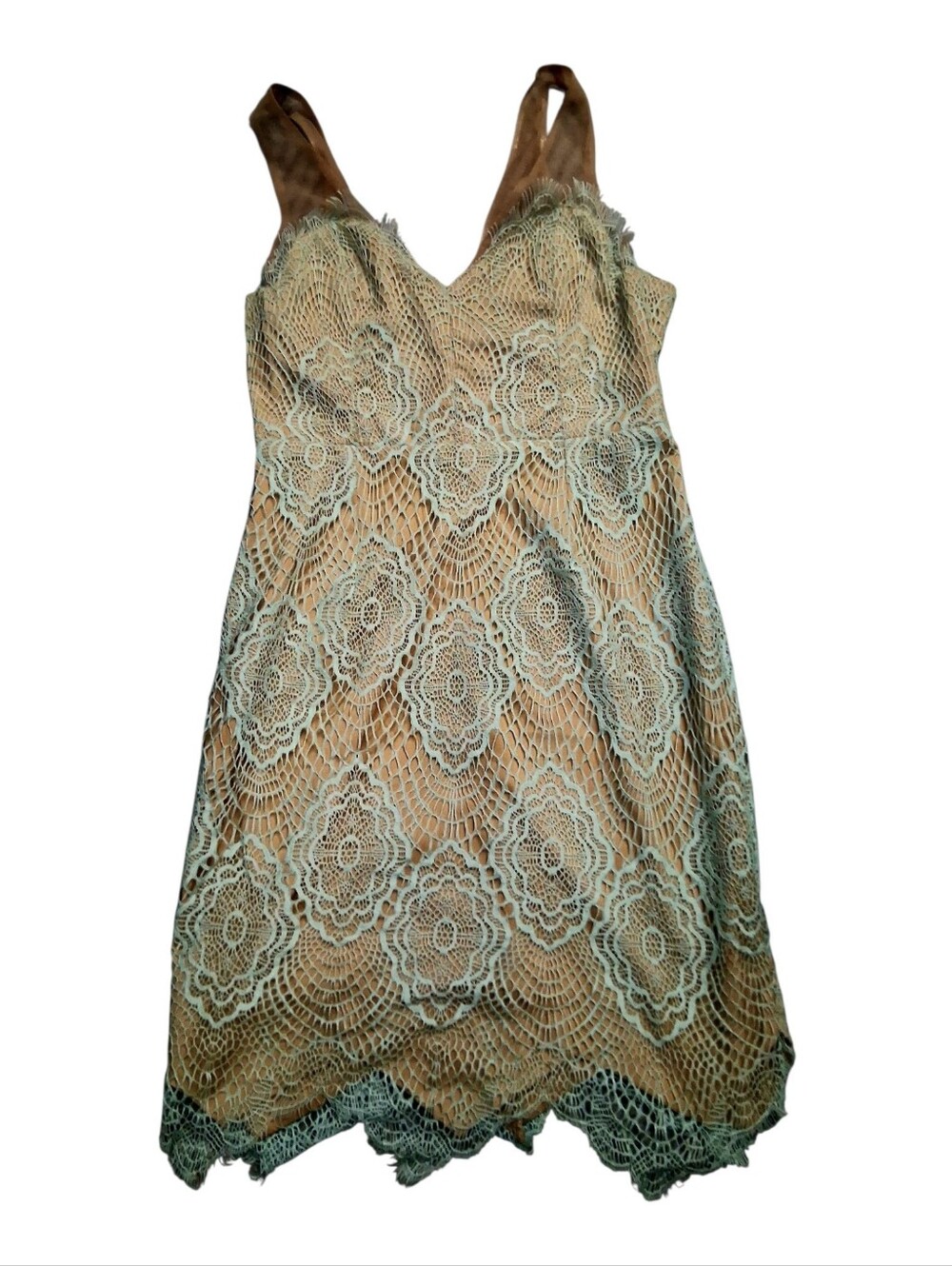 Sheer Lace Boutique Slip Dress - Light Aqua/Nude
